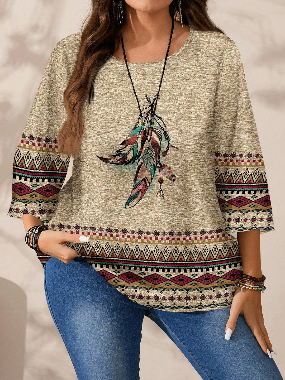Blusa Estilo Étnico com Estampa Colorida e Manga 3/4 Cor 1 / P Blusa Estilo Étnico com Estampa Colorida e Manga 3/4
