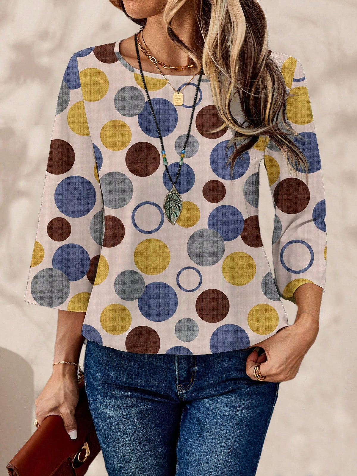 Blusa Estampada Étnica com Manga 3/4 e Barra Contrastante Multicolorido / P Blusa Estampada Étnica com Manga 3/4 e