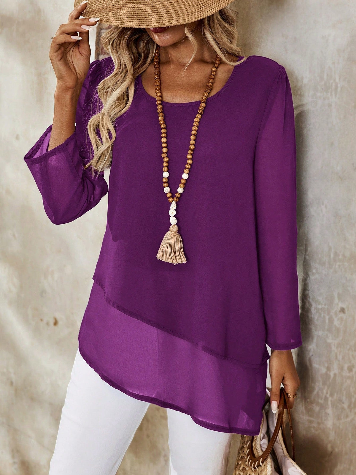 Camisa Longa em Chiffon com Barra Assimétrica Roxo / P Camisa Longa em Chiffon com Barra Assimétrica