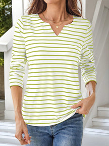 Camiseta Listrada com Decote em V Casual Elegante Verde / P Camiseta Listrada com Decote em V Casual Elegante
