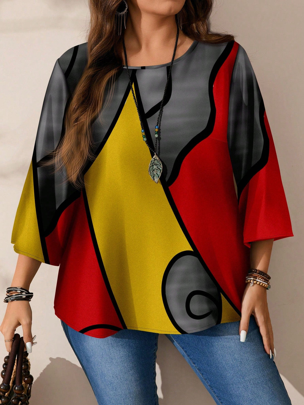 Blusa Estampada com Detalhes Abstratos e Manga 3/4 Amarelo / P Blusa Estampada com Detalhes Abstratos e Manga 3/4