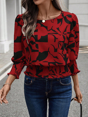 Camisa Estampada com Manga Bufante e Lastex Vermelho / P Camisa Ombro Só Estampada com Manga Longa