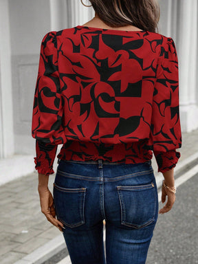 Camisa Estampada com Manga Bufante e Lastex Camisa Ombro Só Estampada com Manga Longa