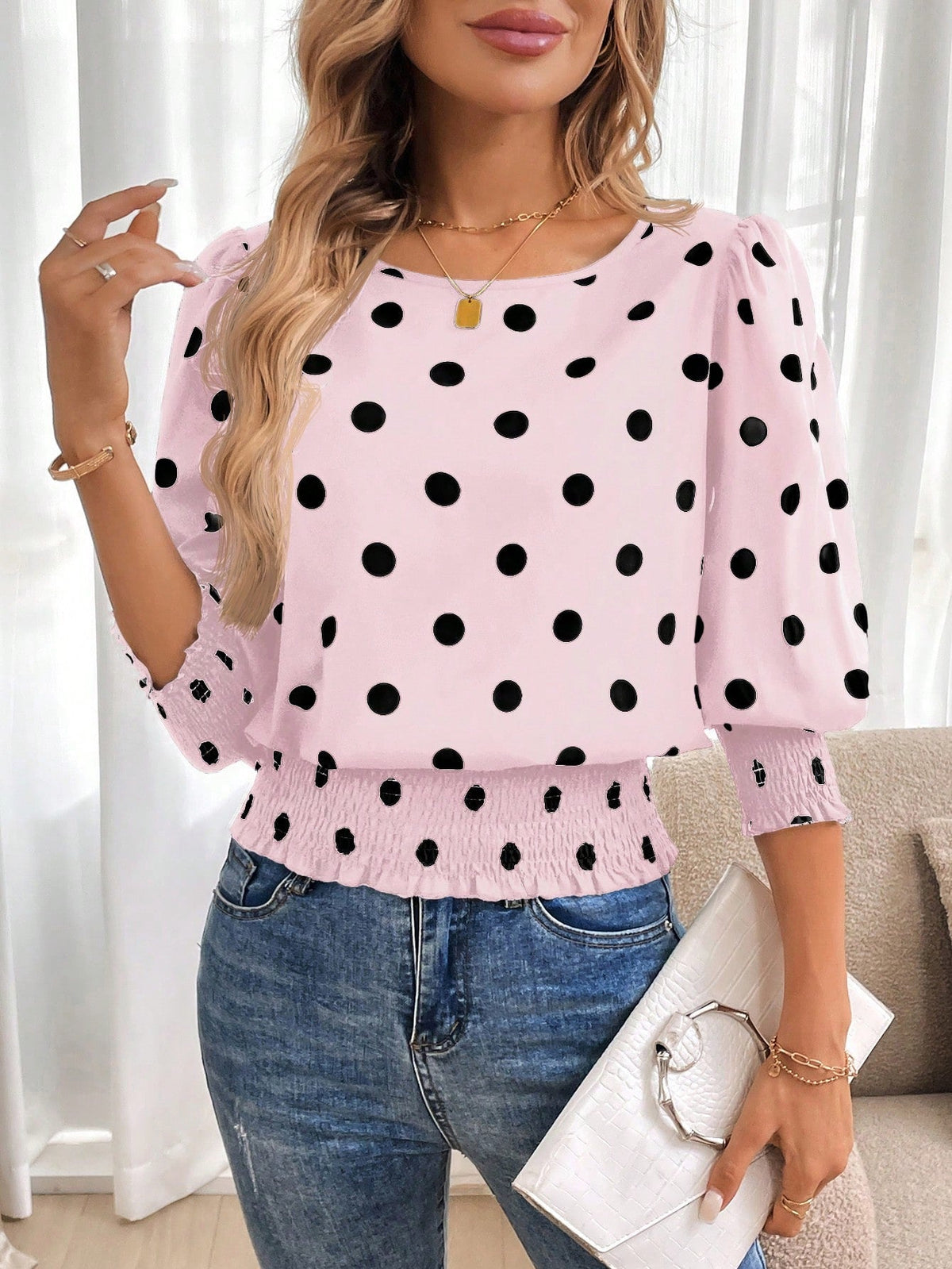 Blusa Poá com Manga Bufante e Barra em Lastex Rosa chiclete / P Blusa Poá com Manga Bufante e Barra em Lastex
