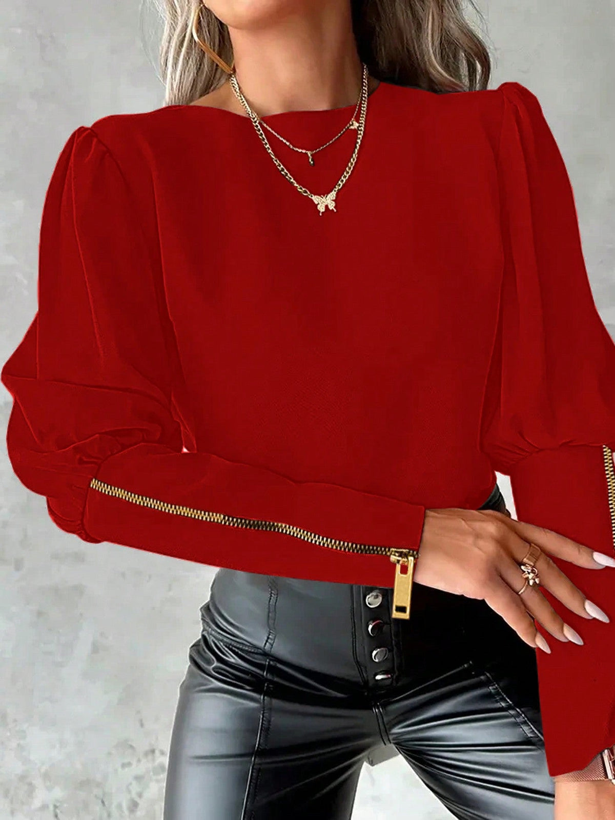 Camisa com Manga Bufante e Zíper Decorativo Vermelho / P Camisa com Manga Bufante e Zíper Decorativo