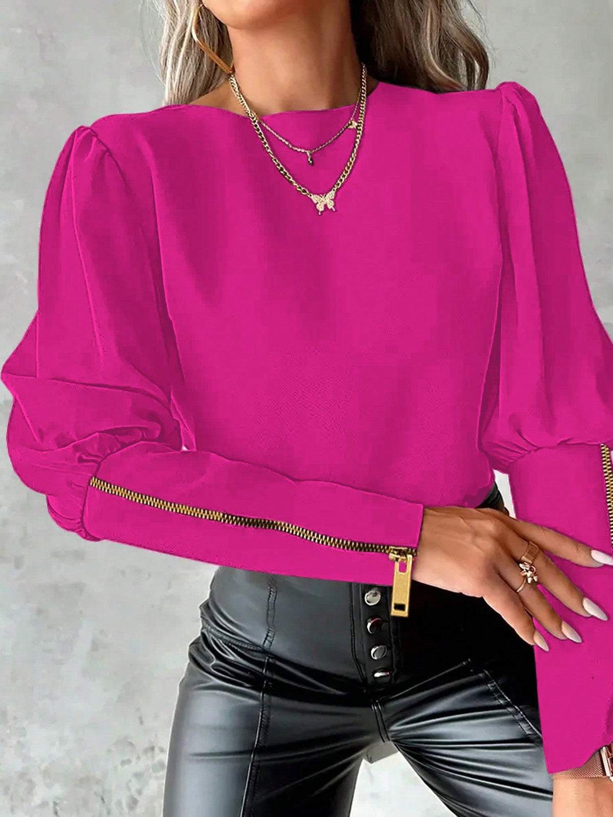 Camisa com Manga Bufante e Zíper Decorativo Rosa / P Camisa com Manga Bufante e Zíper Decorativo