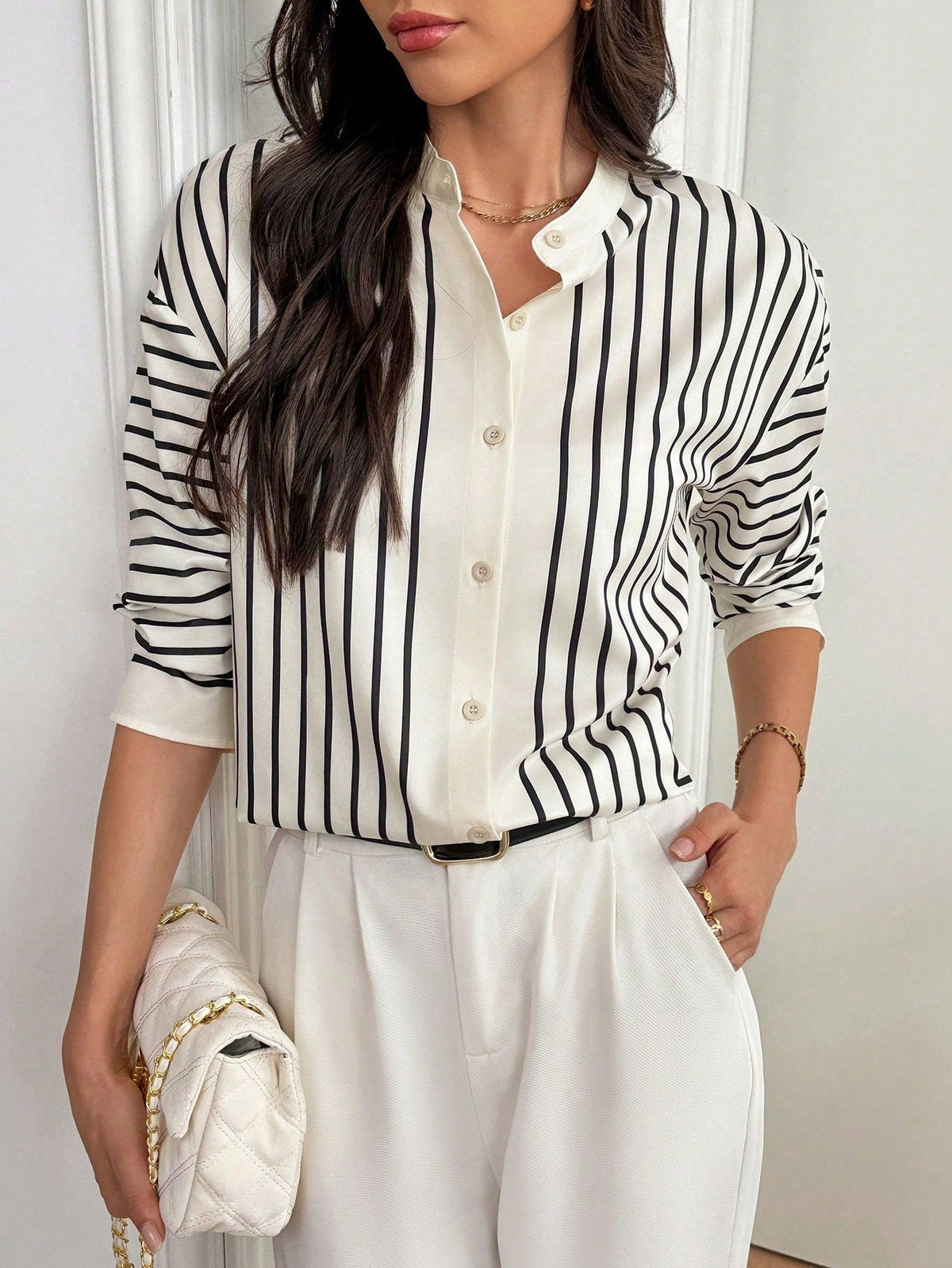 Camisa Listrada com Gola Padre e Estilo Elegante Damasco / P Camisa Listrada com Gola Padre e Estilo Elegante