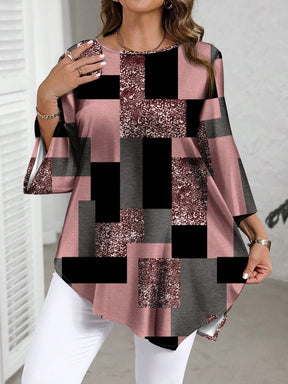 Blusa Estampada Geométrica com Manga 3/4 Solta Rosa / P Blusa Estampada Geométrica com Manga 3/4 Solta