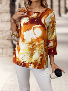 Blusa Estampada Abstrata com Manga 3/4 Solta Blusa Estampada Abstrata com Manga 3/4 Solta