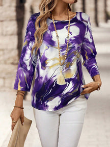 Blusa Estampada Abstrata com Manga 3/4 Solta Roxo / P Blusa Estampada Abstrata com Manga 3/4 Solta