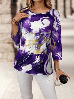 Blusa Estampada Abstrata com Manga 3/4 Solta Blusa Estampada Abstrata com Manga 3/4 Solta