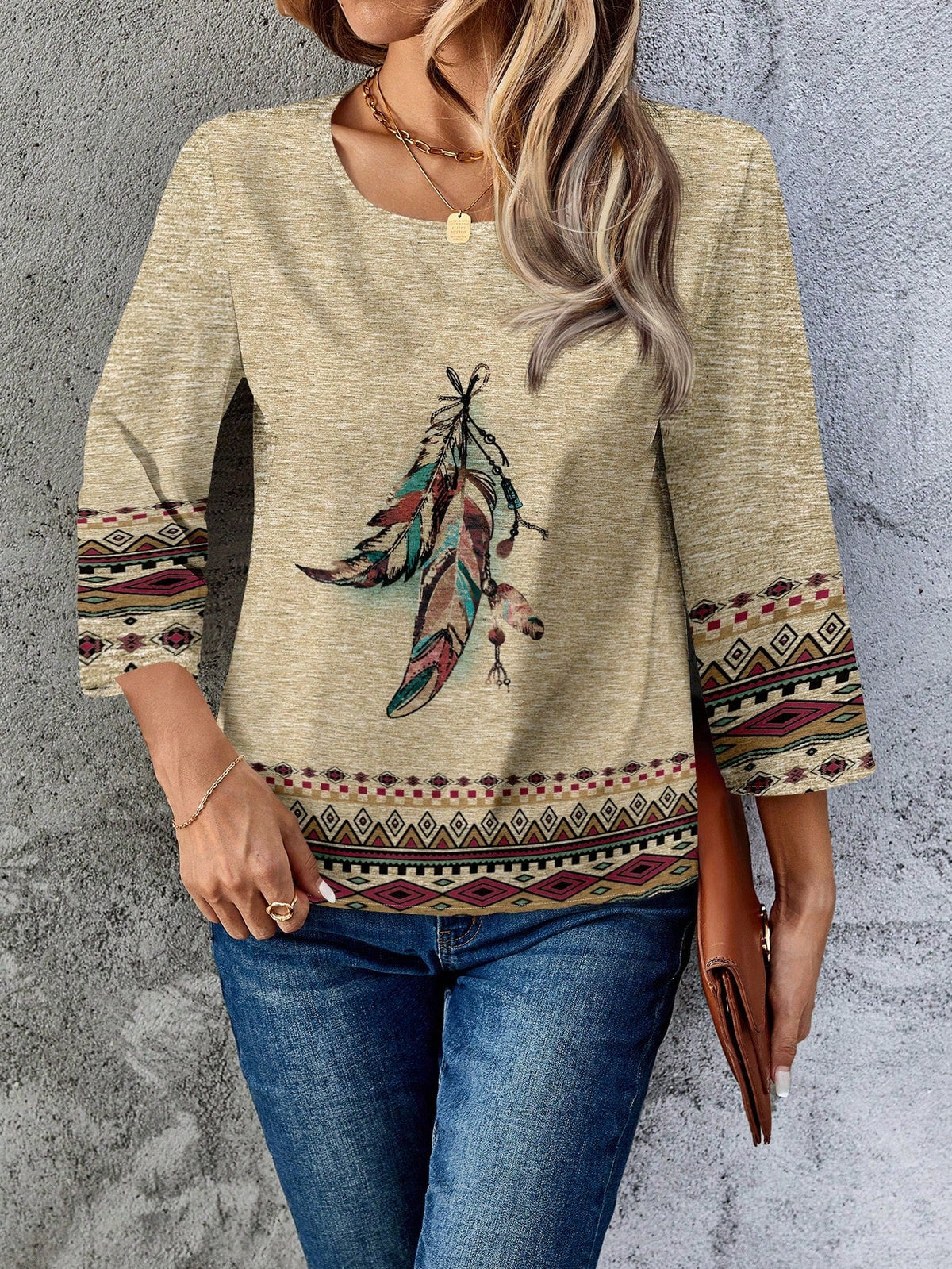 Blusa Estampada Étnica com Manga 3/4 e Barra Contrastante Damasco / P Blusa Estampada Étnica com Manga 3/4 e Barra