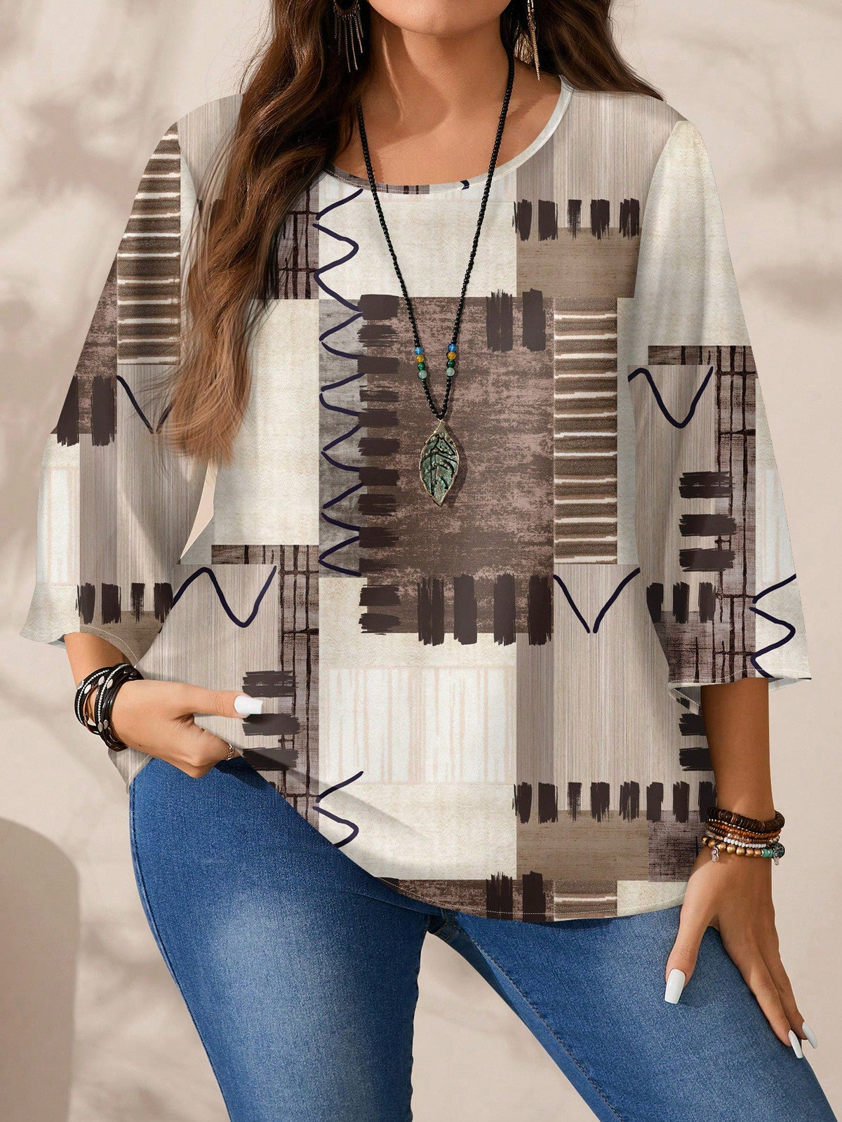 Blusa Estilo Étnico com Estampa Colorida e Manga 3/4 Cor 2 / P Blusa Estilo Étnico com Estampa Colorida e Manga 3/4