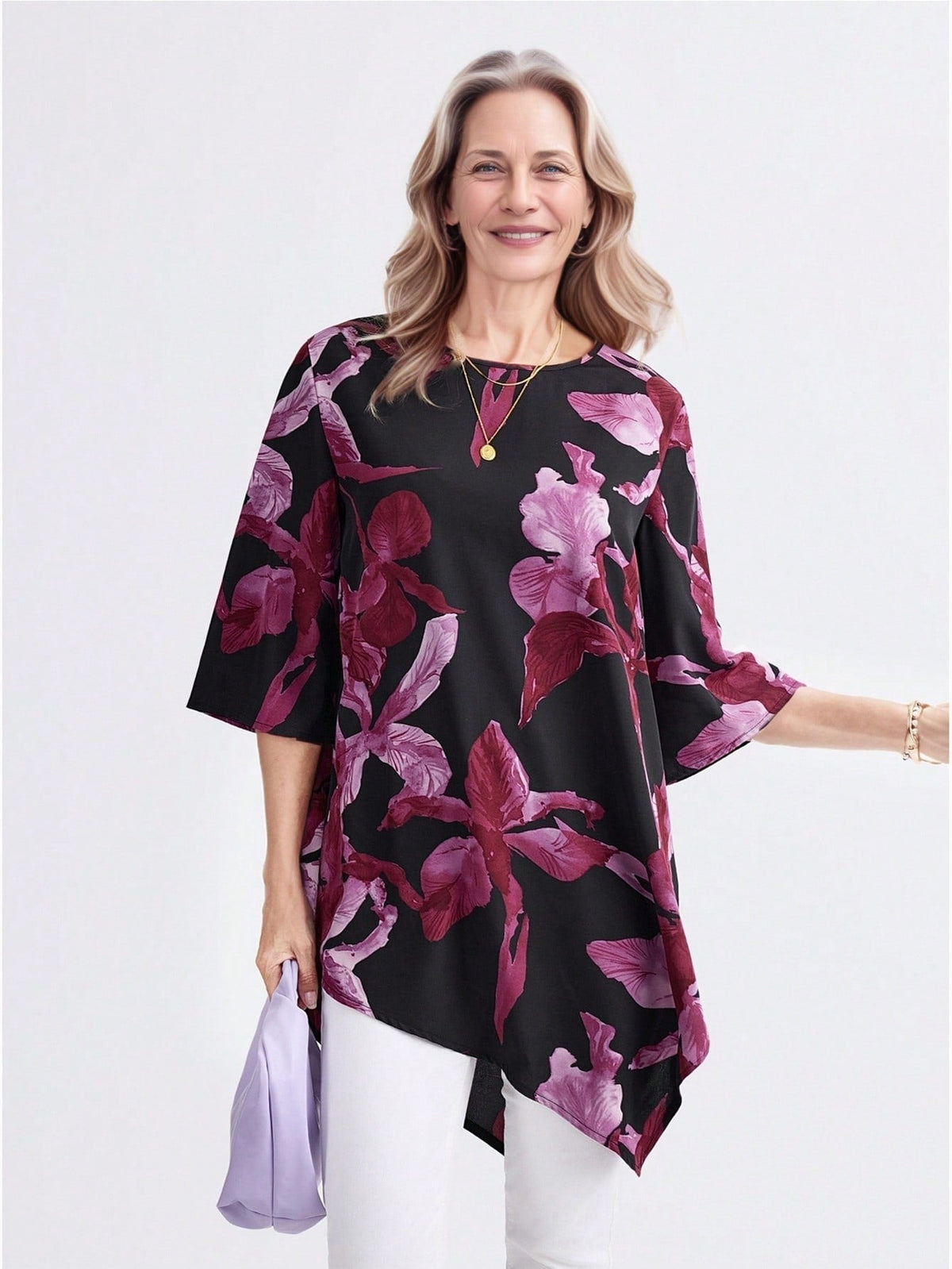 Blusa Longa Assimétrica com Estampa Abstrata Multicolorido / P Blusa Longa Assimétrica com Estampa Abstrata