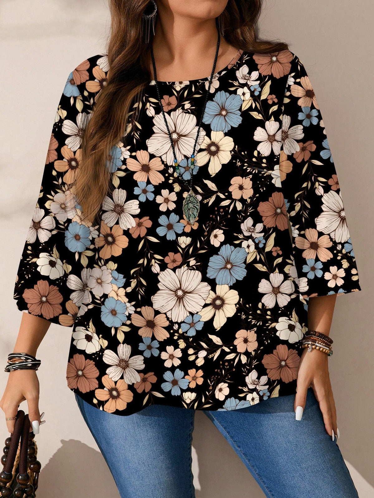 Blusa Estilo Étnico com Estampa Colorida e Manga 3/4 Cor 4 / P Blusa Estilo Étnico com Estampa Colorida e Manga 3/4