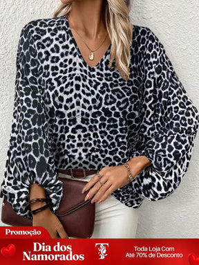 Blusa Animal Print com Manga Ampla e Decote V Estampa 2 / P Blusa Animal Print com Manga Ampla e Decote V