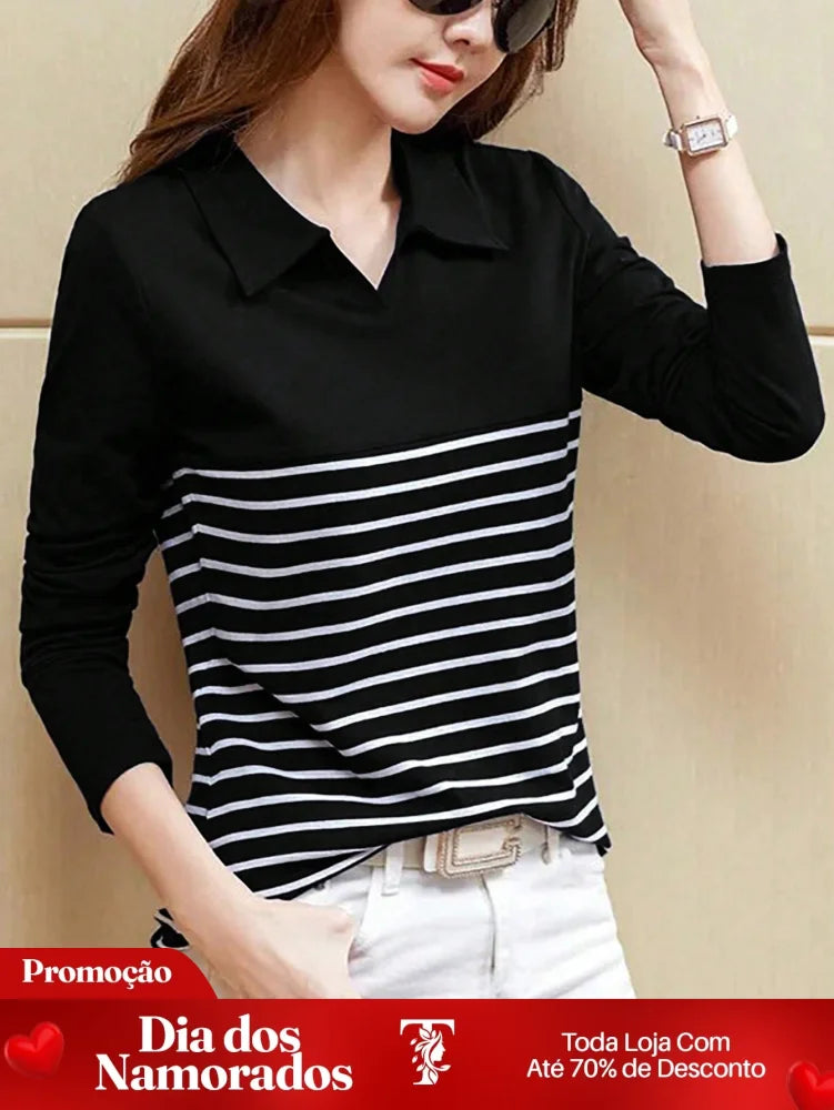 Blusa com Gola e Listras Horizontais na Barra Blusa com Gola e Listras Horizontais na Barra