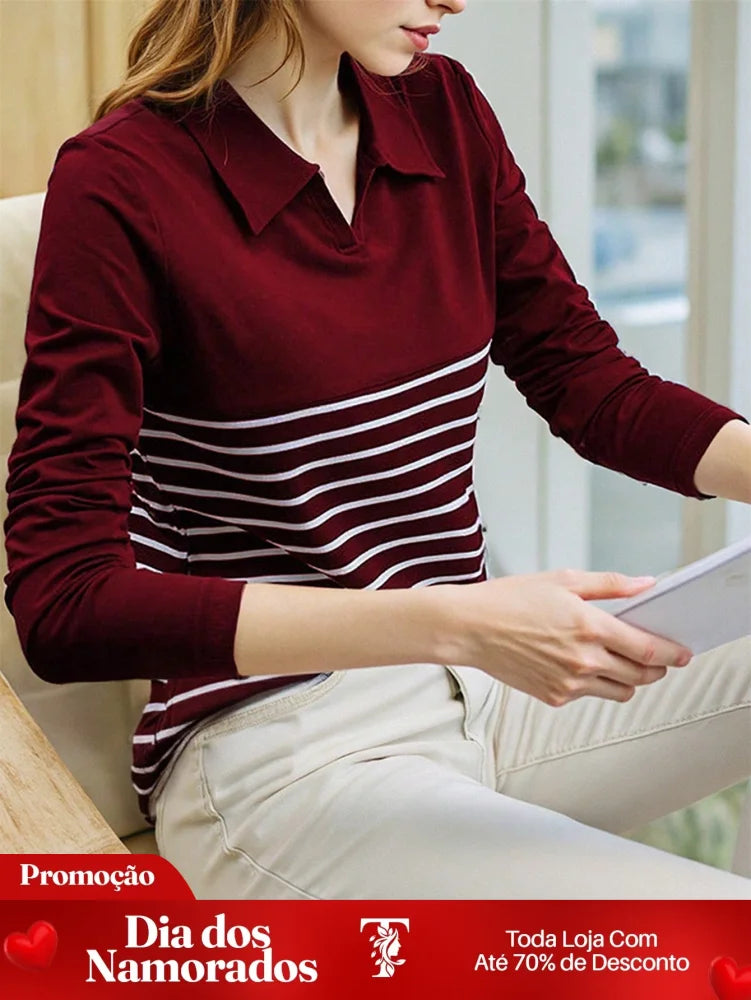Blusa com Gola e Listras Horizontais na Barra Vinho / P Blusa com Gola e Listras Horizontais na Barra