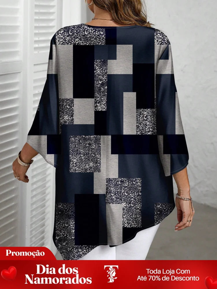 Blusa Estampada Geométrica com Manga 3/4 Solta Blusa Estampada Geométrica com Manga 3/4 Solta