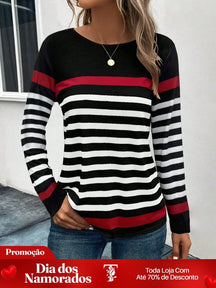 Blusa Listrada com Detalhes Coloridos e Manga Longa Preto / P Blusa Listrada com Detalhes Coloridos e Manga Longa