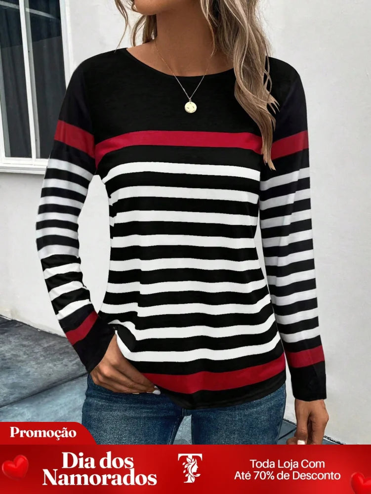 Blusa Listrada com Detalhes Coloridos e Manga Longa Preto / P Blusa Listrada com Detalhes Coloridos e Manga Longa