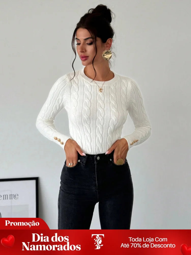 Blusa Tricot com Trança e Botões nos Punhos Branco / P Blusa Tricot com Trança e Botões nos Punhos