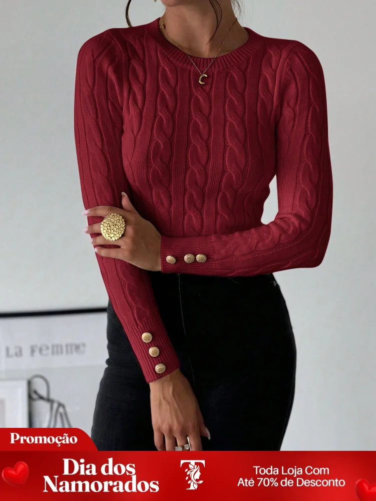 Blusa Tricot com Trança e Botões nos Punhos Vinho / P Blusa Tricot com Trança e Botões nos Punhos