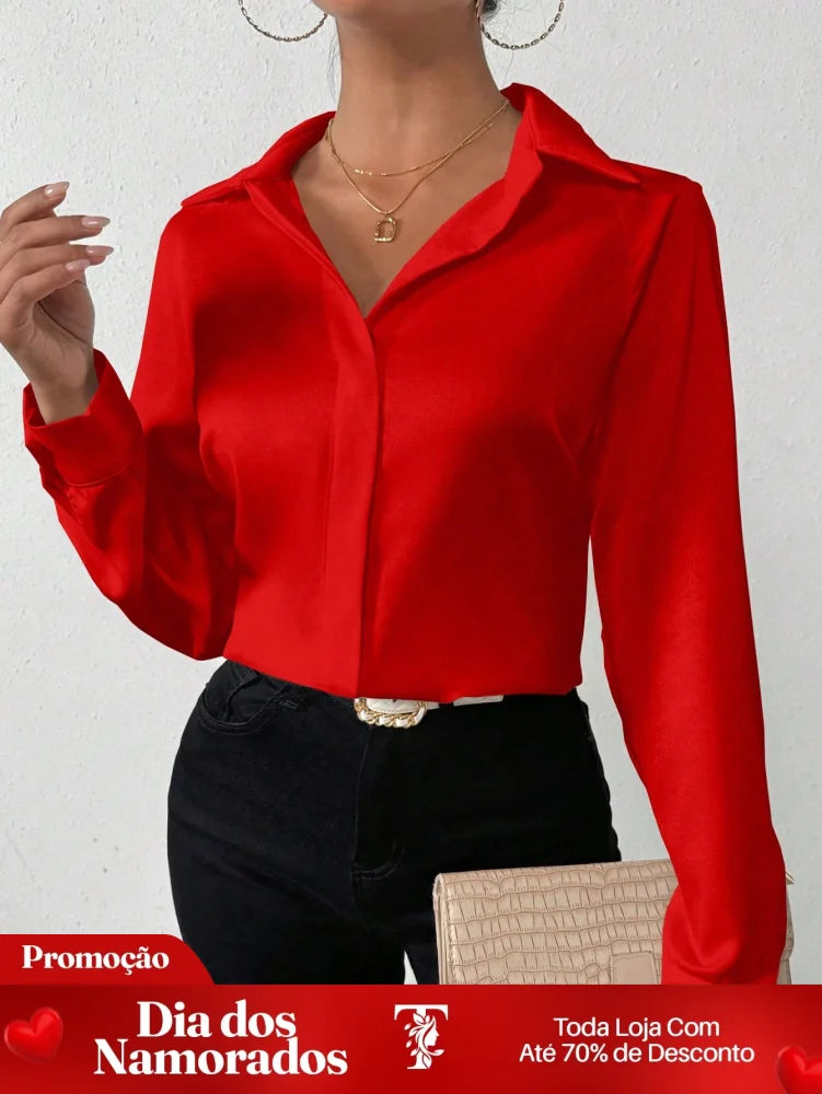 Camisa Social Elegante com Caimento Acetinado Vermelho / P Camisa Social Elegante com Caimento Acetinado